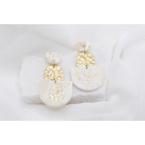 White + Gold Clay Earrings, Lightweight Earrings, Handmade Polymer Clay Earrings - Picture 5 of 5